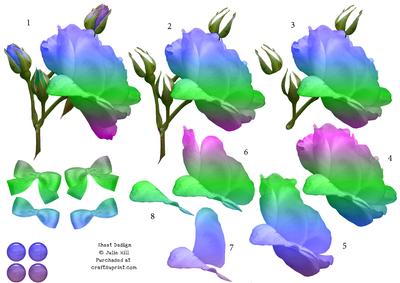 Rose in Purple, Green and Blue Hues 3D Decoupage