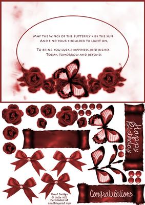 Butterflies Sentiment Framed Pink Roses Decoupage Card Sheet