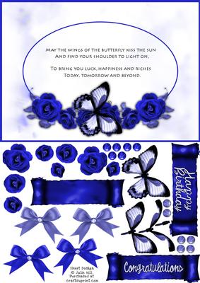 Butterflies Sentiment Framed Blue Roses Decoupage Card Sheet