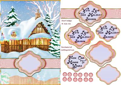 Winter Cottage Pink and Blue Snow Scene Christmas Card