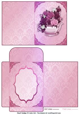 Lavender and Pink Roses and Teapot Notelet and Envelope Set