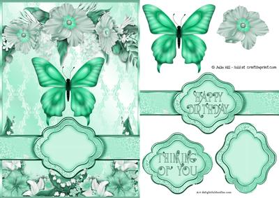 Teal Butterfly Floral Banner Card Sheet
