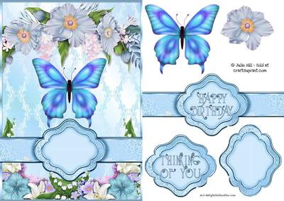Blue Butterfly Floral Banner Card Sheet