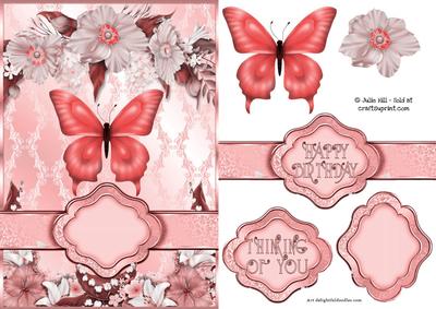 Butterfly Floral Banner Card Sheet Pinks