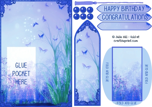 Butterfly garden bookmark with pocket card sheet in blues