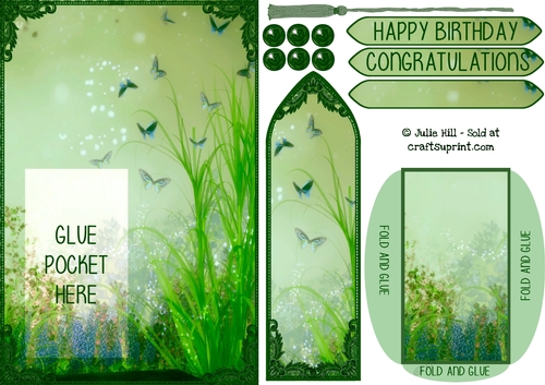 Butterfly garden bookmark with pocket card sheet in greens