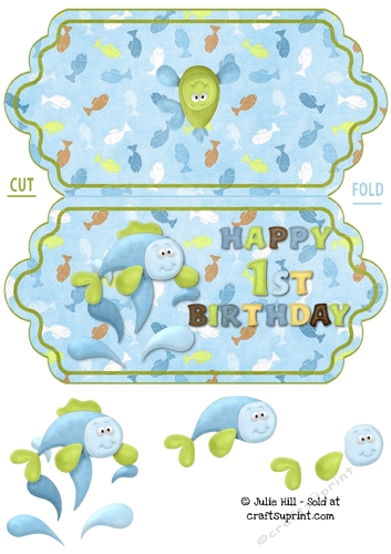 Fish splash 1st birthday scallop edge card.