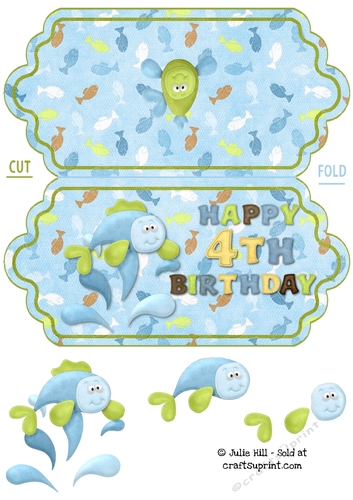 Fish splash 4th birthday scallop edge card.