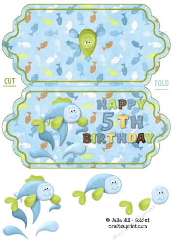 Fish splash 5th birthday scallop edge card.