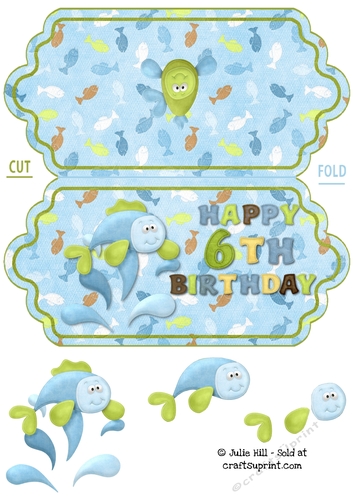 Fish splash 6th birthday scallop edge card.