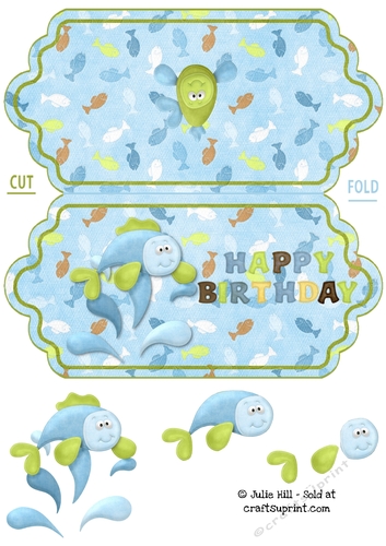 Fish splash happy birthday scallop edge card