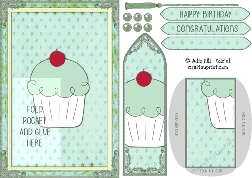 Cupcake bookmark card sheet with a teal lace border