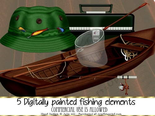 Digitally painted Fishing elements - Commercial use allowed