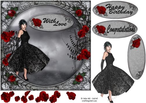 Black dress gothic red rose with decoupage