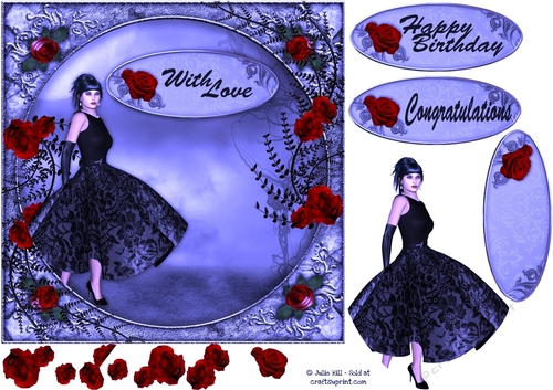 Blue dress gothic red rose with decoupage