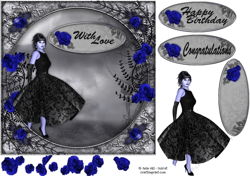 Black dress gothic blue roses with decoupage