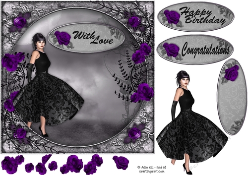 Black dress gothic purple roses with decoupage