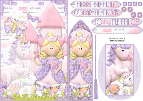 Princess, unicorn, cat and castle bookmark birthday card