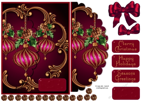 Christmas decorations and bow mock envelop card