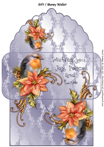 Robin and poinsettia silver blue Christmas money wallet