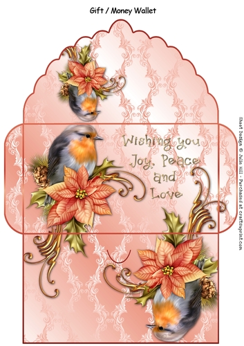 Robin and poinsettia salmon pink Christmas money wallet