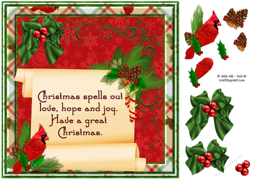 Christmas cardinal scroll card front 8x8