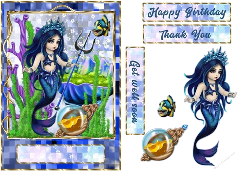 Mermaid trident mosaic gold frame quick card