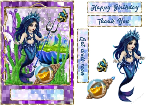 Mermaid trident lavender mosaic gold frame quick card