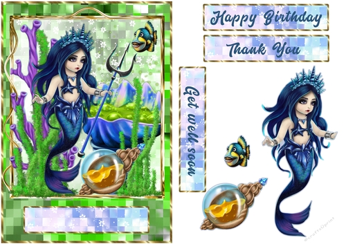 Mermaid trident green mosaic gold frame quick card