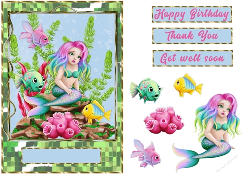 Green mermaid mosaic gold frame quick card