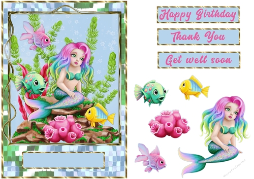 Blue mermaid mosaic gold frame quick card