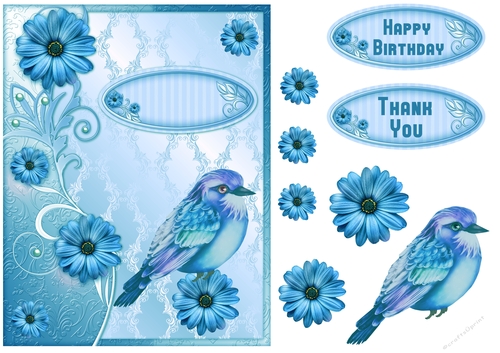 Layered blue floral bird birthday and thank you Card