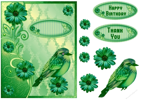 Layered green floral bird birthday and thank you Card