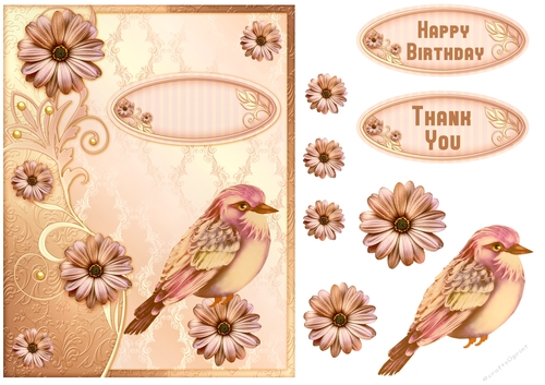 Layered orange floral bird birthday and thank you Card