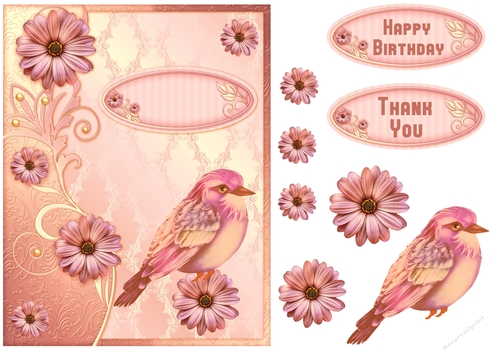 Layered salmon floral bird birthday and thank you Card