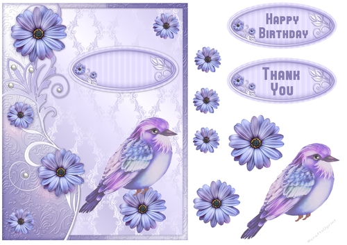 Layered lavender floral bird birthday and thank you Card