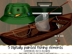 Digitally painted Fishing elements - Commercial use allowed