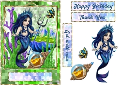 Mermaid trident green mosaic gold frame quick card