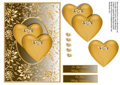 Hearts on Gilded Gold Anniversary Card Front