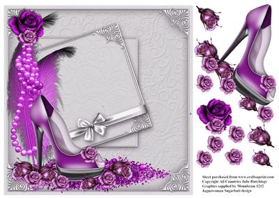 Purple Peep Toe and Roses and Feather Card Front