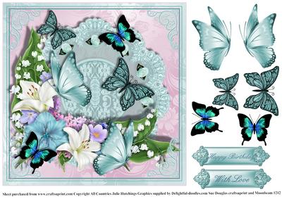 Teal Butterflys and Floral on Lace