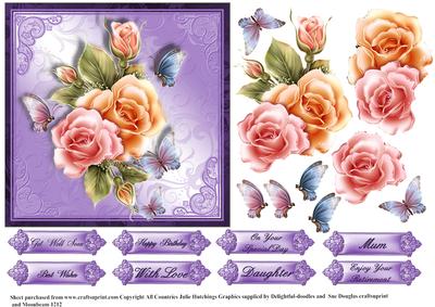 Beautiful Roses on Shimmering Lilac Card Topper