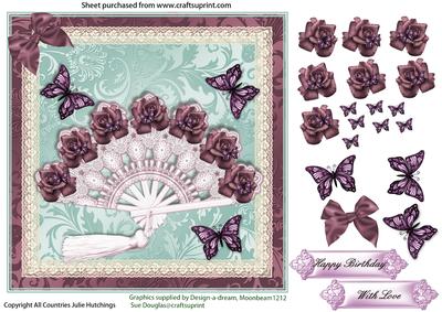 Fan with Antique Roses and Flutters Card Topper