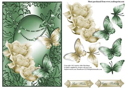 The Cream and Green Roses and Butterfly Swirl Card Front
