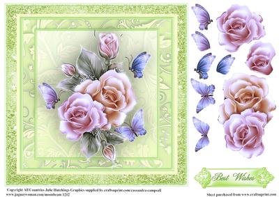 Pretty Roses and Flutters in a Green Frame Card Topper