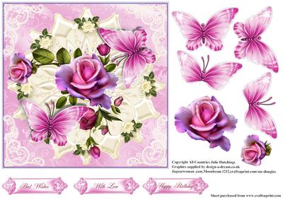 Gorgeous Roses and Flutters in Pink Card Topper