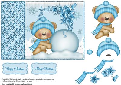 Cute Bear Building Snowman Card Topper