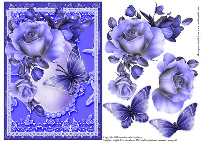 Beautiful Flutters and Roses in Blues Card Topper