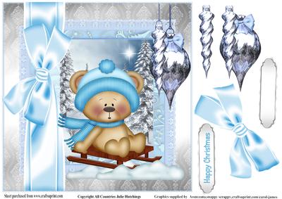 Sledging Teddy Christmas Card Topper