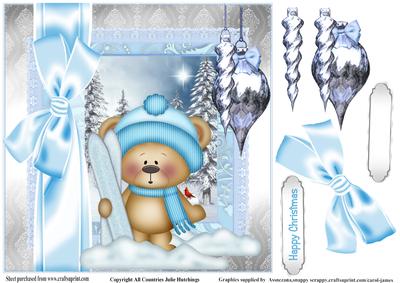 Cute Ski Teddy Christmas Card Topper